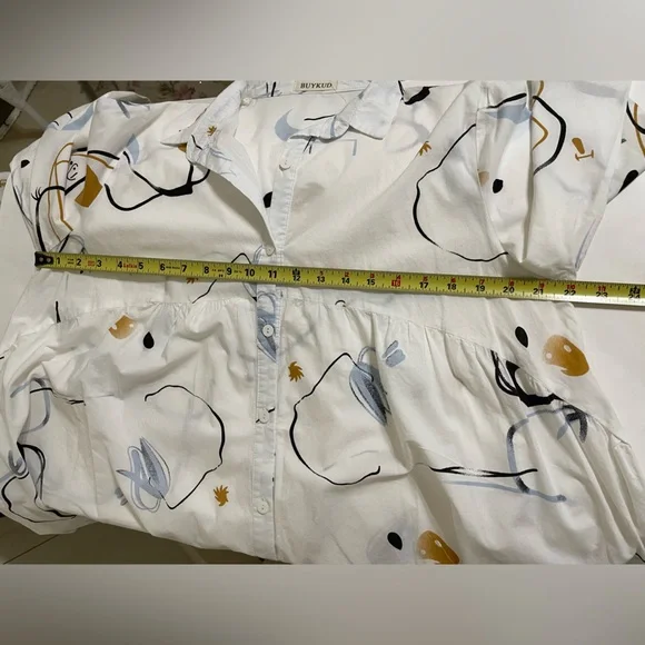 BUYKUD White Cotton Tunic Button Down Top Abstract Artsy Print Flowy Fit Medium - Picture 10 of 12